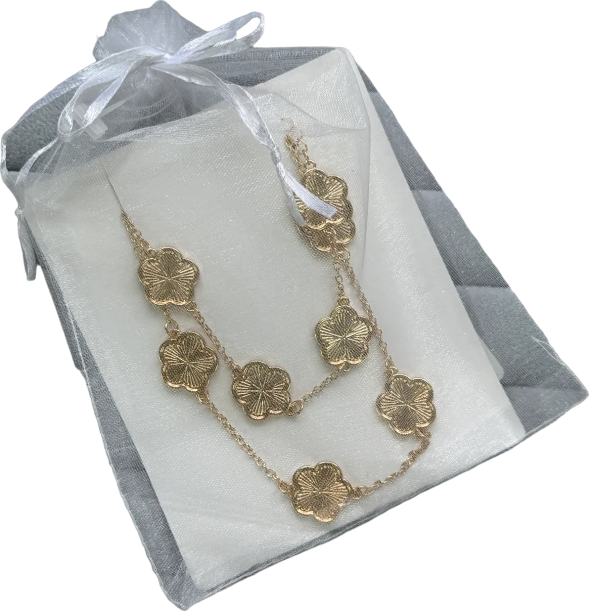 2-piece Gold Clover Necklace & Bracelet Set In Tulle Gift Bag