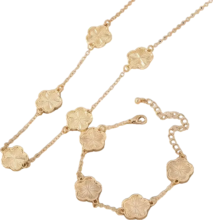 2-piece Gold Clover Necklace & Bracelet Set In Tulle Gift Bag