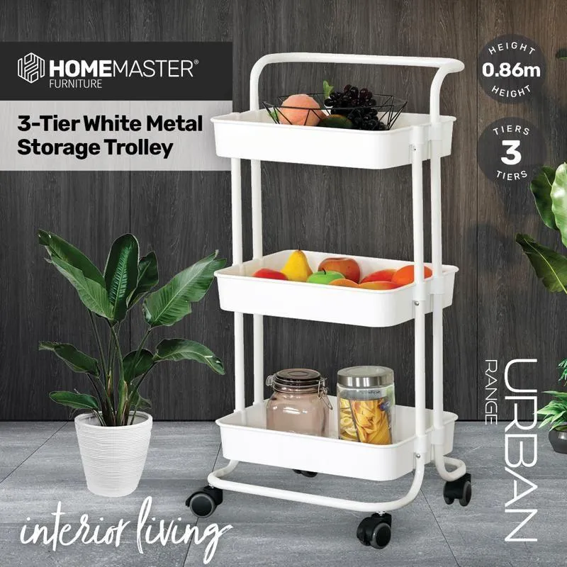 3 Tier White Metal Storage Trolley - 42cm x 35.5cm x 86cm