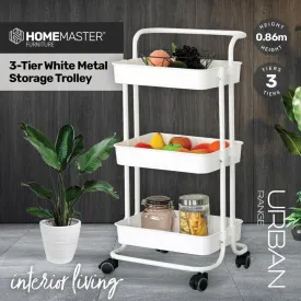 3 Tier White Metal Storage Trolley - 42cm x 35.5cm x 86cm