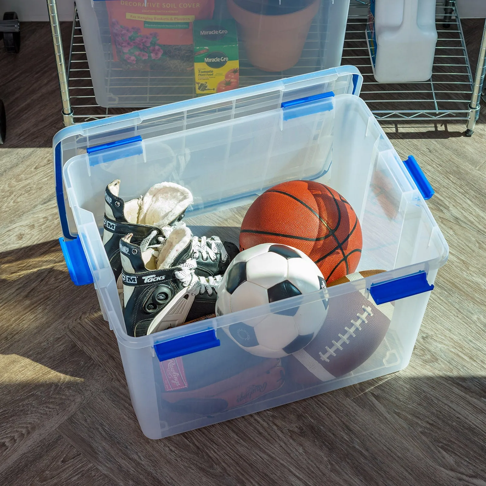 74 Quart WeatherPro® Multi-Purpose Storage Box, Clear with Blue Buckles, 3 Pack