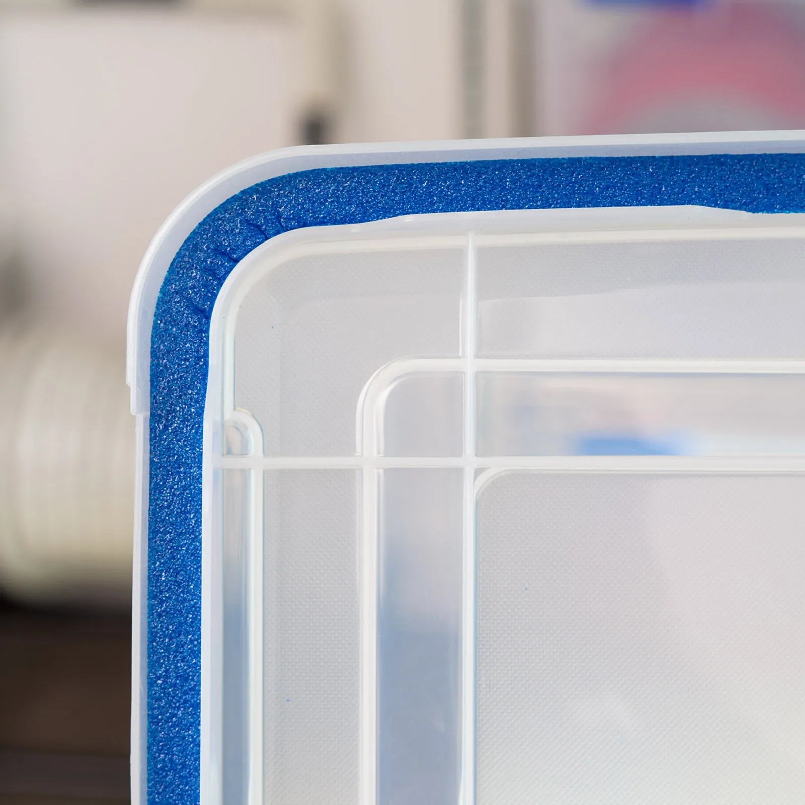 74 Quart WeatherPro® Multi-Purpose Storage Box, Clear with Blue Buckles, 3 Pack