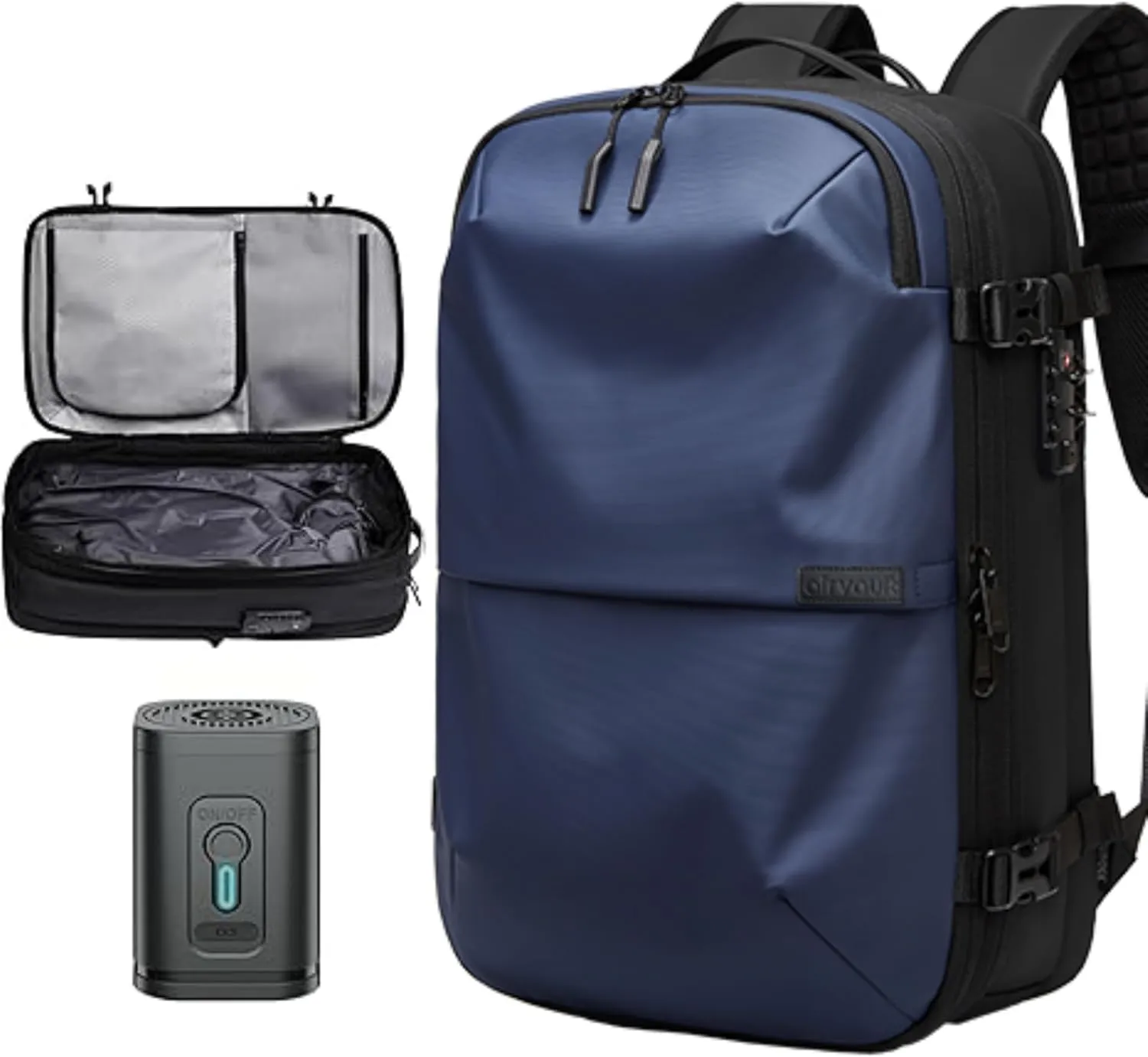 AirVault Vacuum Seal Travel Backpack 60L - Expandable Air Compression Vacuum System, Airback, Vacpack, Water-Resistant, Carry-On with TSA Lock Fits 19" Laptop, Backvac (Blue)