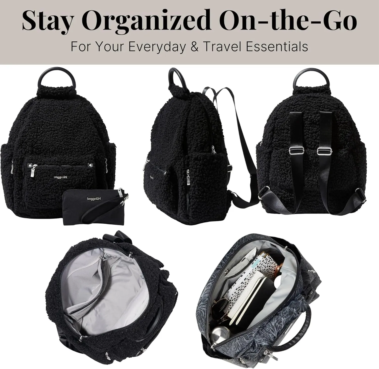 Baggallini Womens All Day Backpack With RFID Phone Wristlet, Black Faux Shearling
