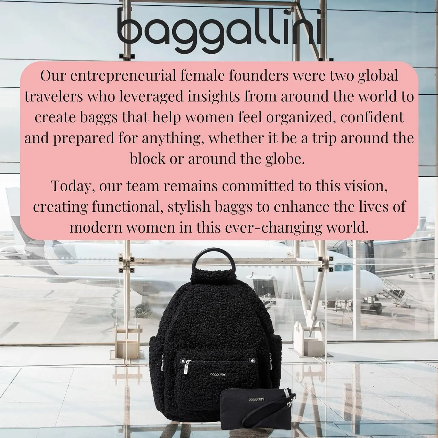 Baggallini Womens All Day Backpack With RFID Phone Wristlet, Black Faux Shearling
