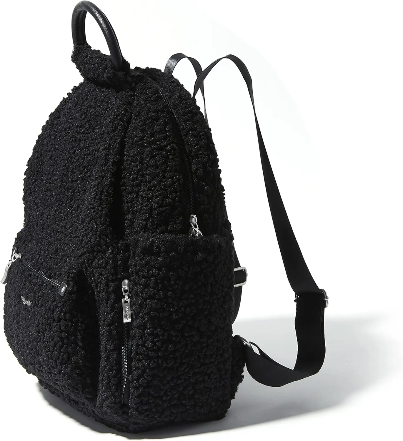 Baggallini Womens All Day Backpack With RFID Phone Wristlet, Black Faux Shearling