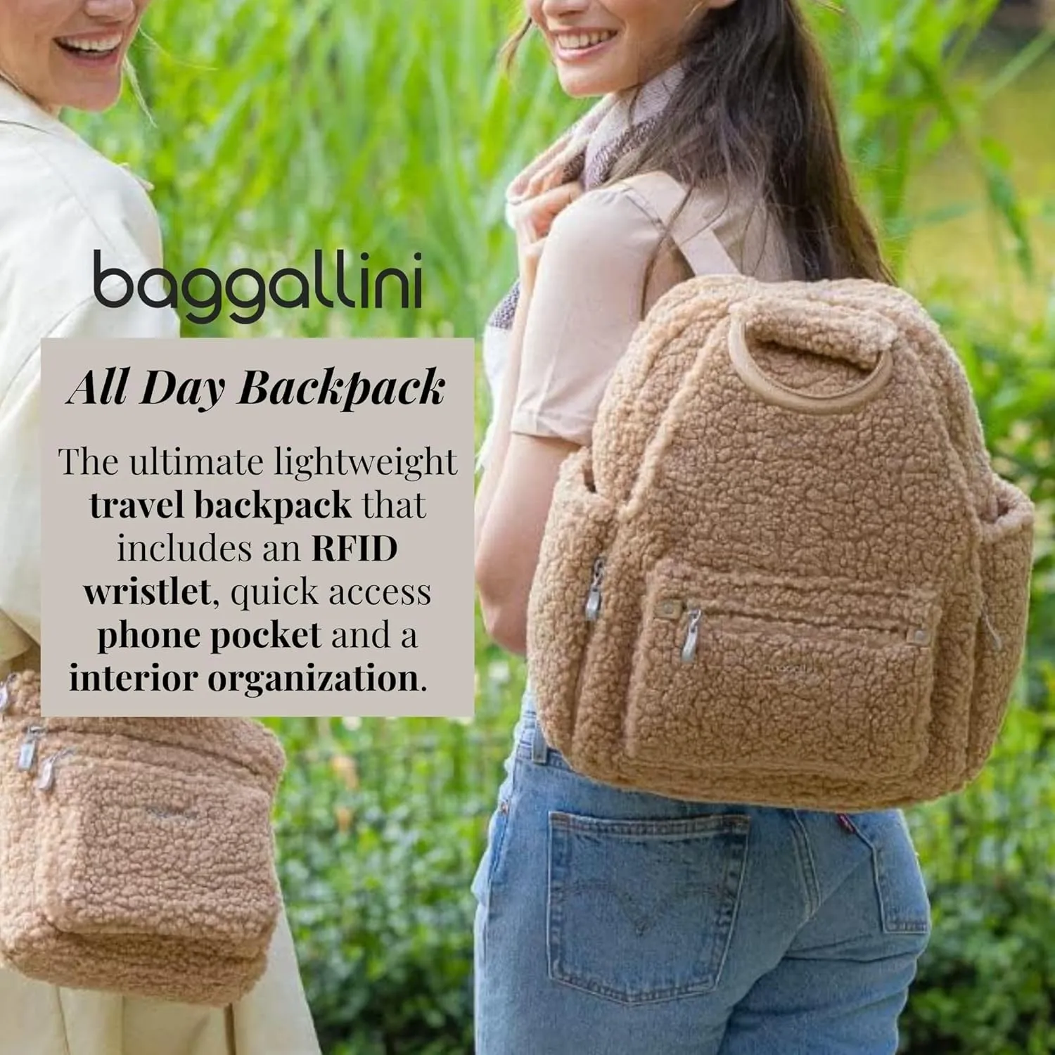 Baggallini Womens All Day Backpack With RFID Phone Wristlet, Black Faux Shearling