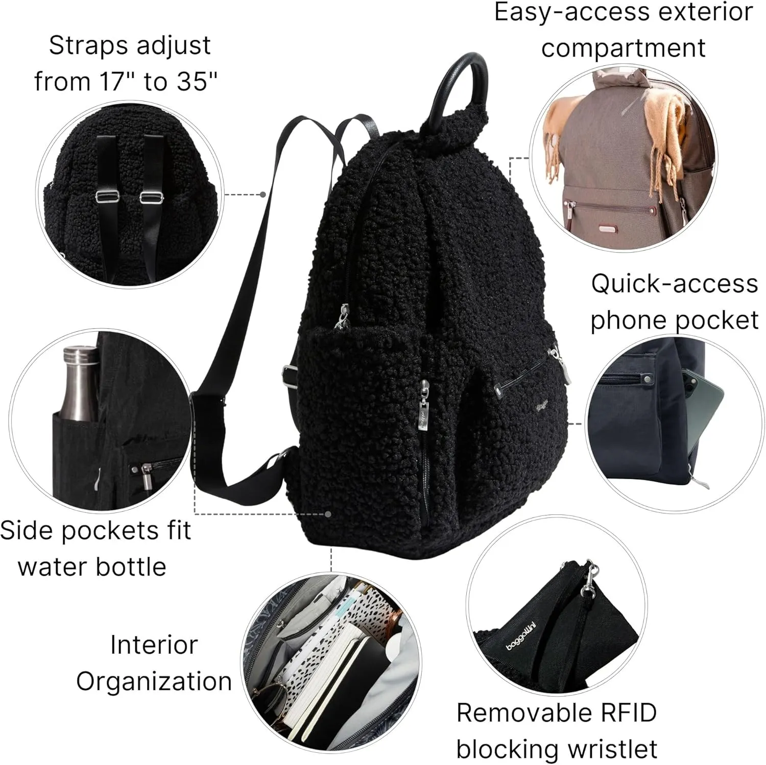 Baggallini Womens All Day Backpack With RFID Phone Wristlet, Black Faux Shearling