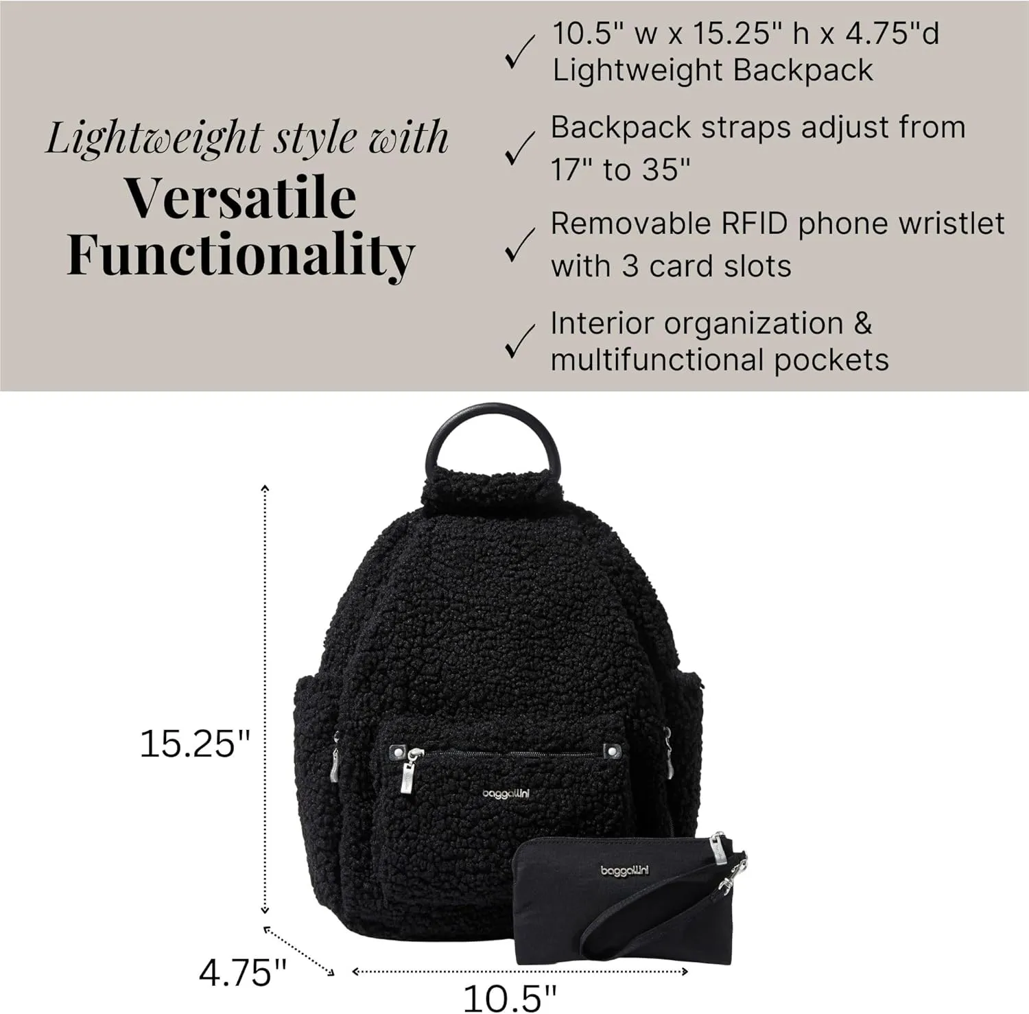 Baggallini Womens All Day Backpack With RFID Phone Wristlet, Black Faux Shearling