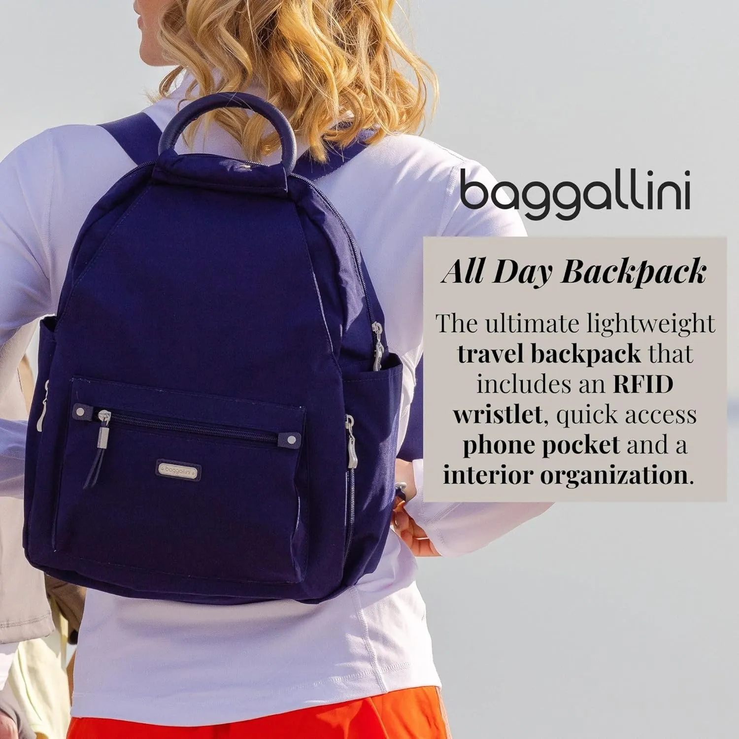 Baggallini Womens With Rfid Phone Wristlet All Day Backpack, Navy, One Size US