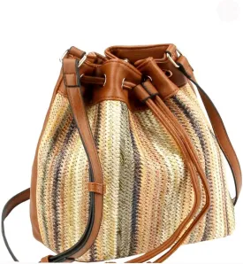Boho Vegan Leather Multicolor Faux Straw Bucket Shoulder Bag Hobo Tote Crossbody Purse