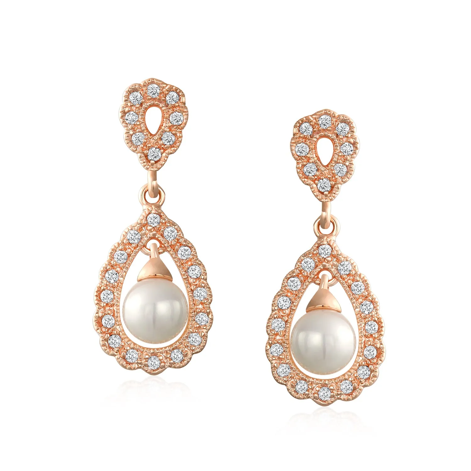 Bridal Vintage Filigree Pearl Teardrop Dangle Chandelier Earrings Rose Gold
