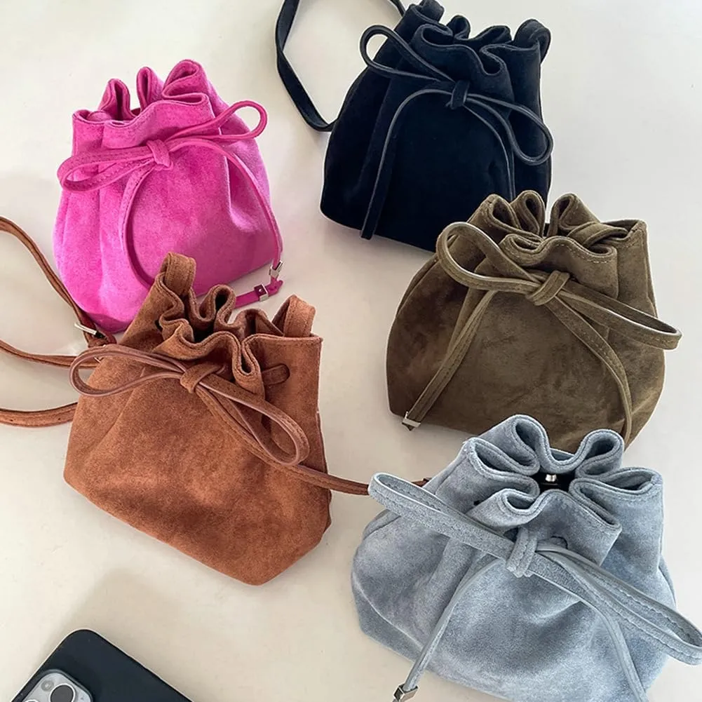 Bucket Bag Mini Suede Tote Bag for Women Drawstring Shoulder Handbag Ruched Crossbody Bag Fall Suede Purse 2024