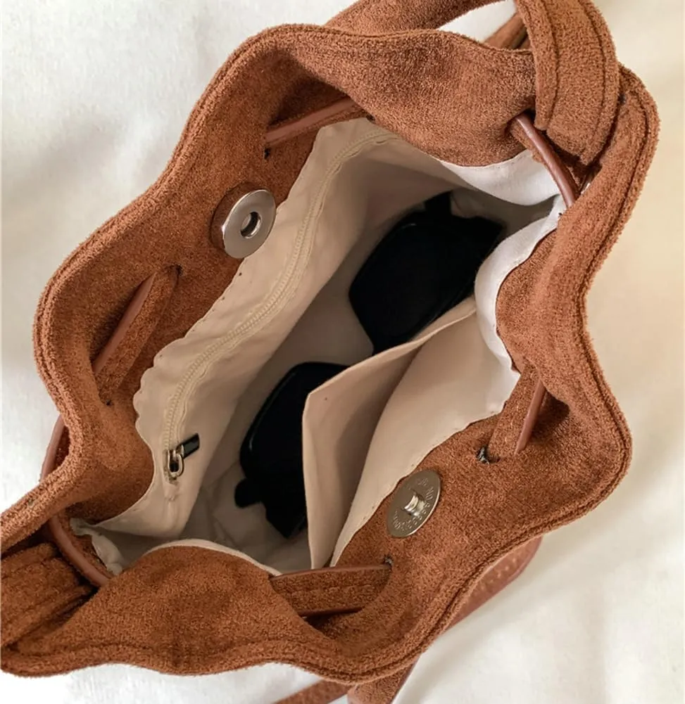 Bucket Bag Mini Suede Tote Bag for Women Drawstring Shoulder Handbag Ruched Crossbody Bag Fall Suede Purse 2024