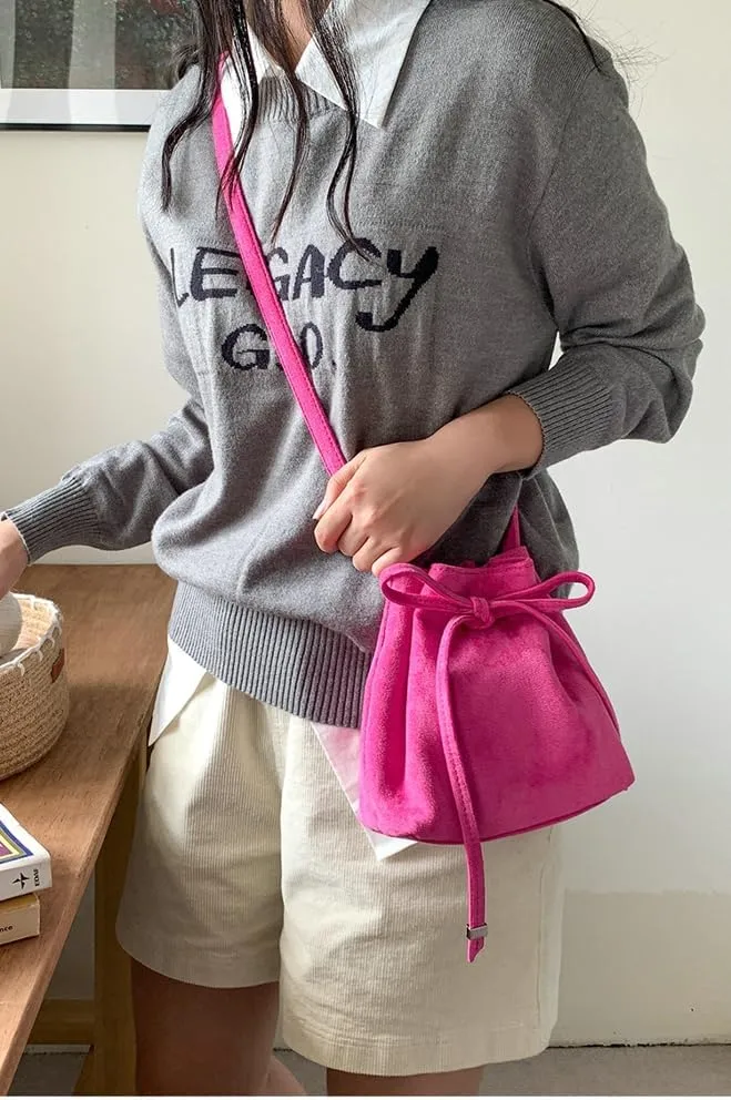 Bucket Bag Mini Suede Tote Bag for Women Drawstring Shoulder Handbag Ruched Crossbody Bag Fall Suede Purse 2024