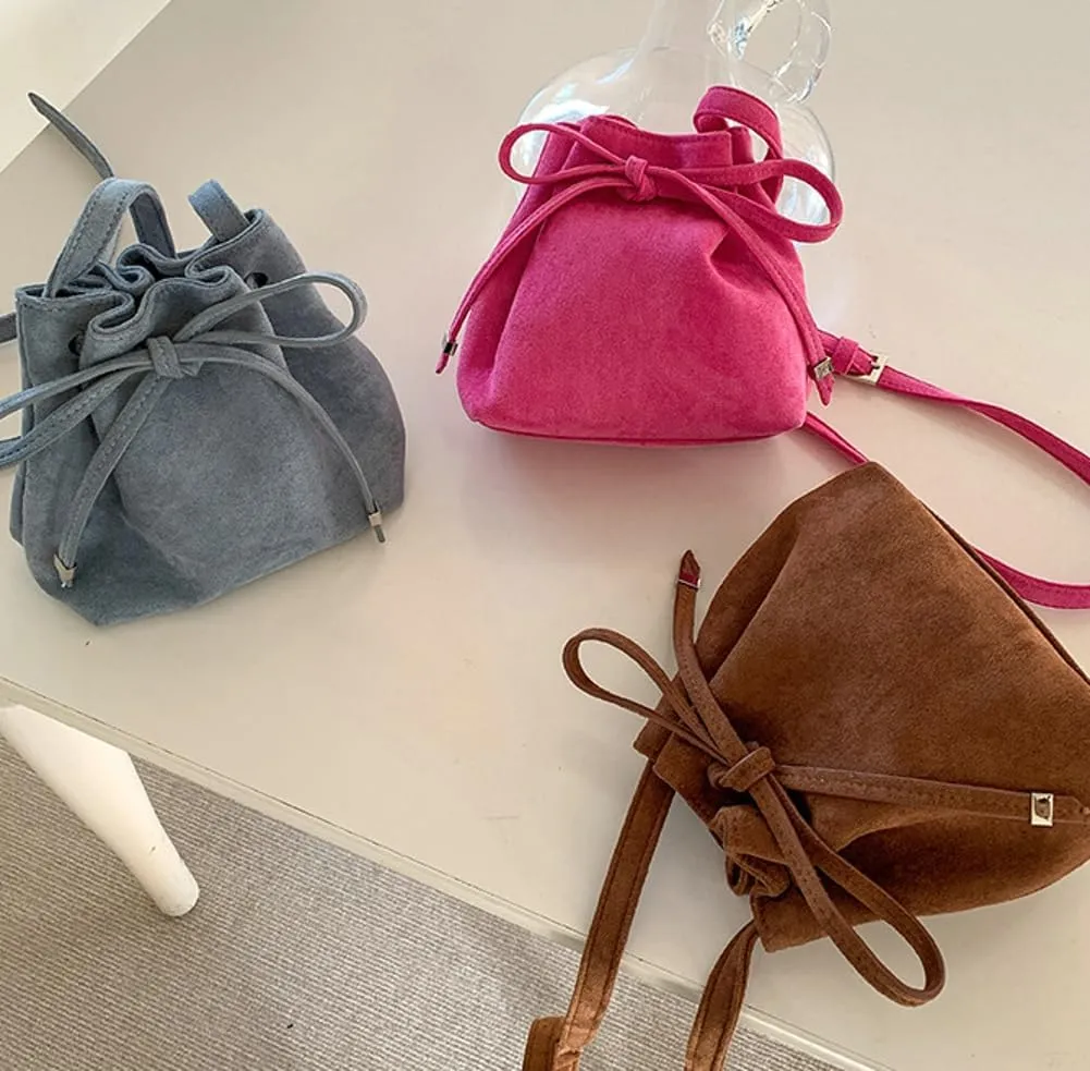 Bucket Bag Mini Suede Tote Bag for Women Drawstring Shoulder Handbag Ruched Crossbody Bag Fall Suede Purse 2024