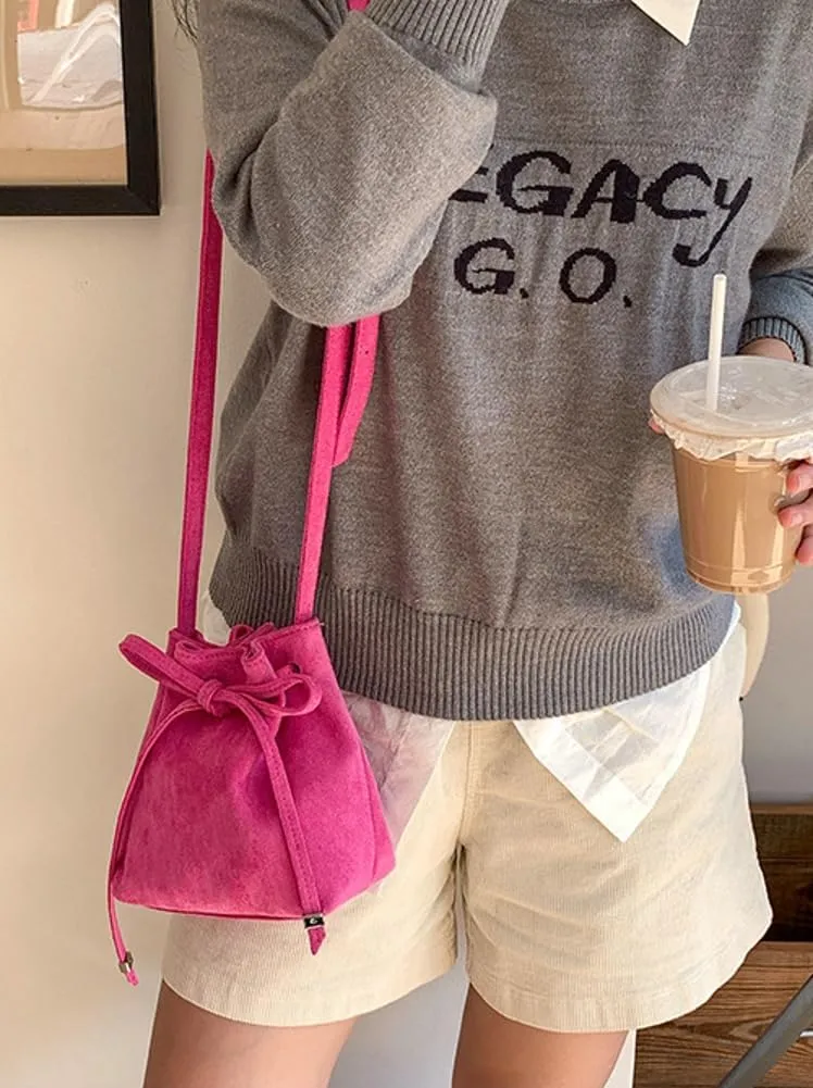 Bucket Bag Mini Suede Tote Bag for Women Drawstring Shoulder Handbag Ruched Crossbody Bag Fall Suede Purse 2024