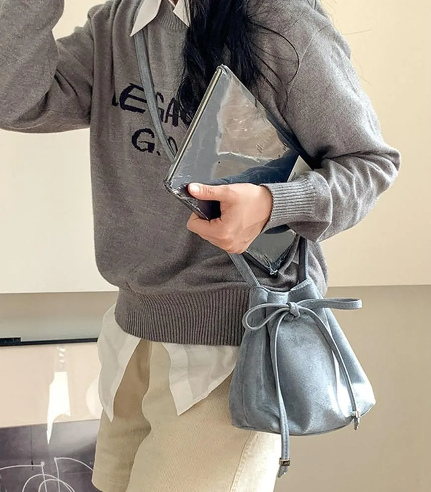 Bucket Bag Mini Suede Tote Bag for Women Drawstring Shoulder Handbag Ruched Crossbody Bag Fall Suede Purse 2024