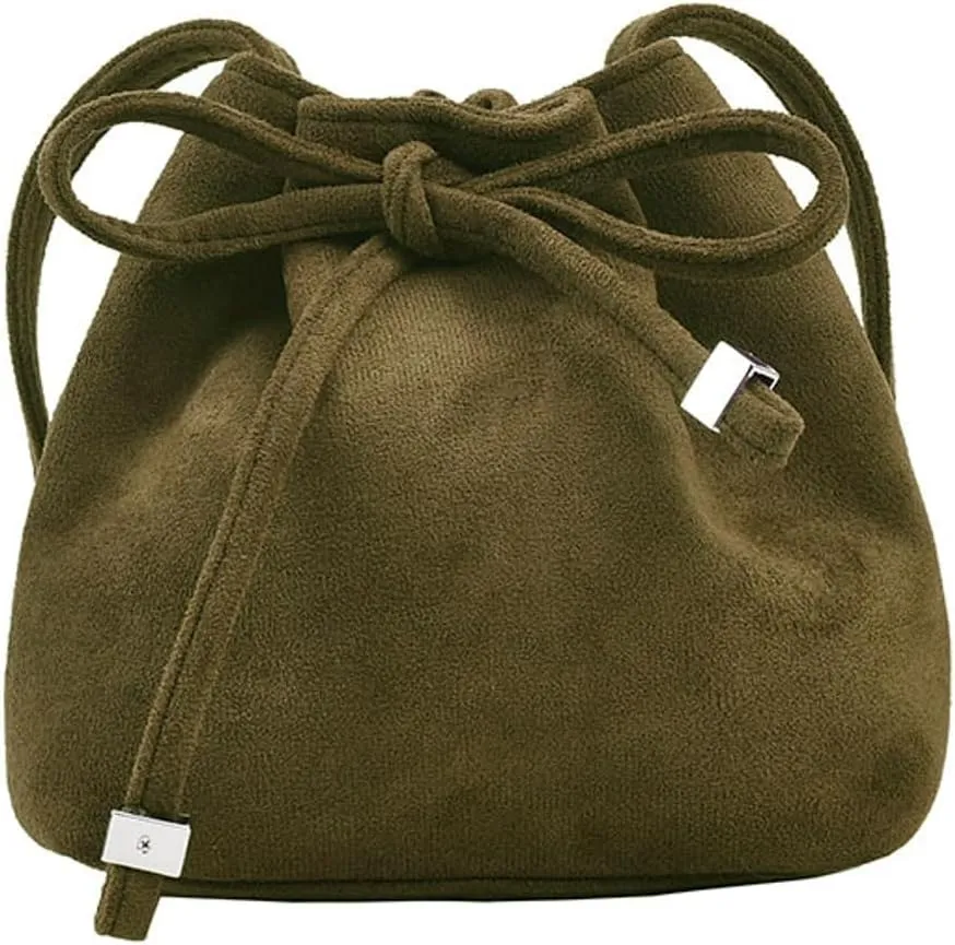 Bucket Bag Mini Suede Tote Bag for Women Drawstring Shoulder Handbag Ruched Crossbody Bag Fall Suede Purse 2024