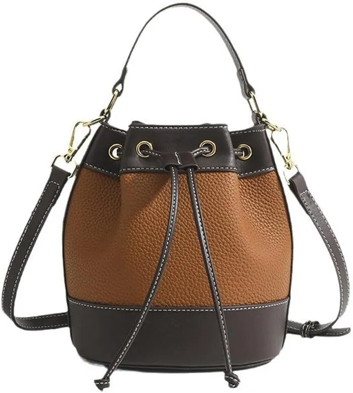 Bucket Bags for Women, Drawstring Mini Bucket Bag Trendy Leather Hobo and Shoulder Handbags, Bucket Purses for Women (Brown)
