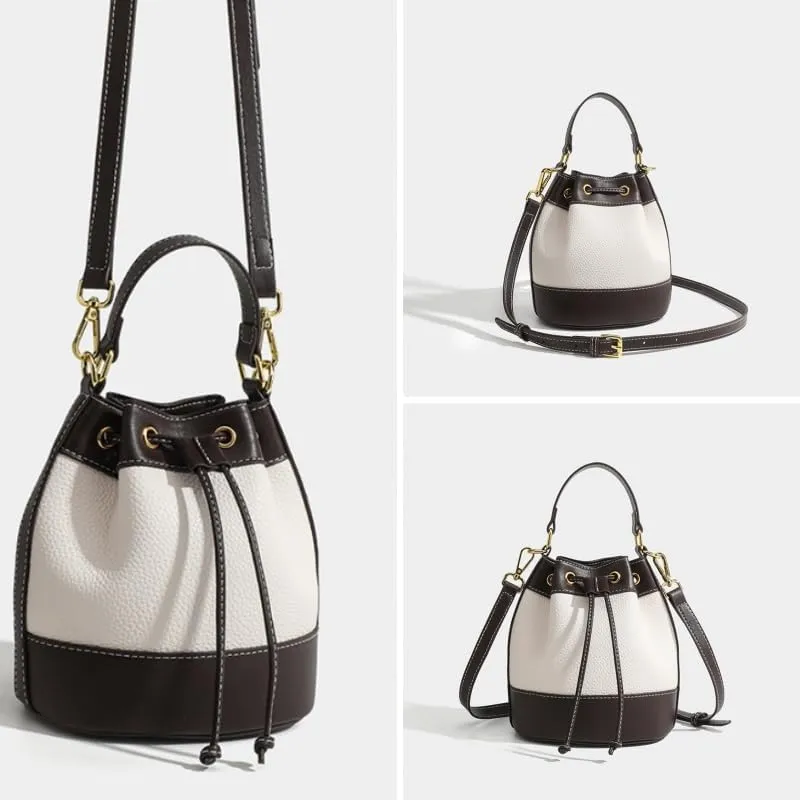 Bucket Bags for Women, Drawstring Mini Bucket Bag Trendy Leather Hobo and Shoulder Handbags, Bucket Purses for Women (White)
