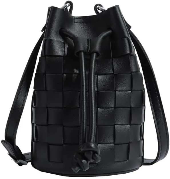 Bucket Bags for Women, Mini Drawstring Hobo Bucket Handbags Tote Crossbody Bag, Small Leather Bucket Purses for Women (Black)
