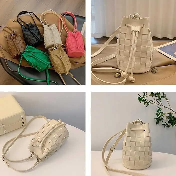 Bucket Bags for Women, Mini Drawstring Hobo Bucket Handbags Tote Crossbody Bag, Small Leather Bucket Purses for Women (Khaki)