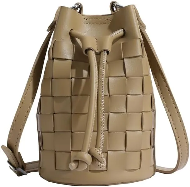 Bucket Bags for Women, Mini Drawstring Hobo Bucket Handbags Tote Crossbody Bag, Small Leather Bucket Purses for Women (Khaki)