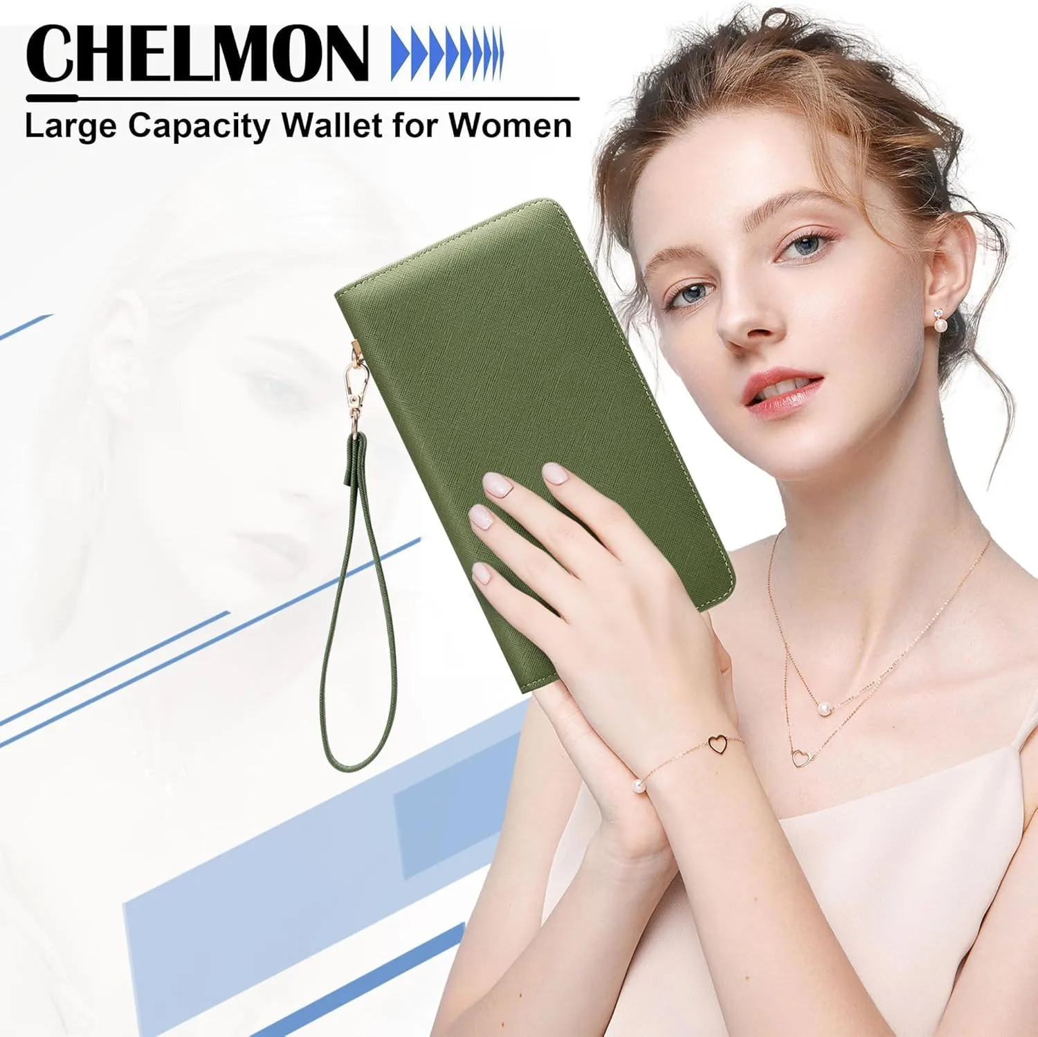 Chelmon Women's Vegan Leather Clutch Wallet with Zip, Hand Strap, Large Capacity