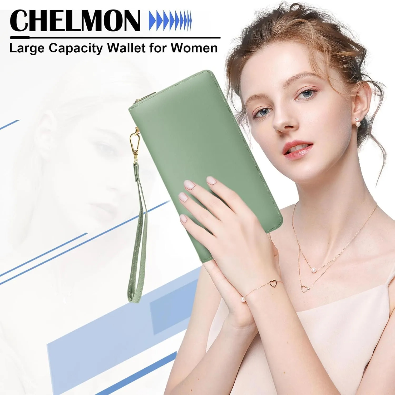 Chelmon Women's Vegan Leather Clutch Wallet with Zip, Hand Strap, Large Capacity