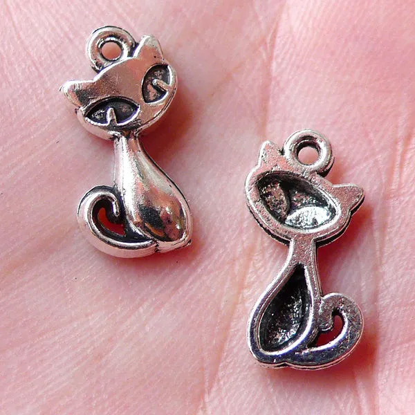CLEARANCE Tiny Cat Charms Kawaii Kitty Charm (8pcs / 8mm x 17mm / Tibetan Silver) Cute Kitten Earrings Pet Bracelet Animal Keychan Necklace CHM1372