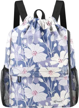 Drawstring Backpack with Mesh Pockets String Gym Bag Sackpack Sandproof Water Resistant Beach Backpack for Men Women