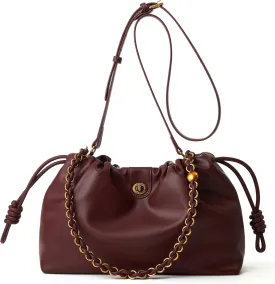 Drawstring Hobo Purse for Women Trendy Bucket Shoulder Bag With Top Chain Handle And Long Crossbody Strap