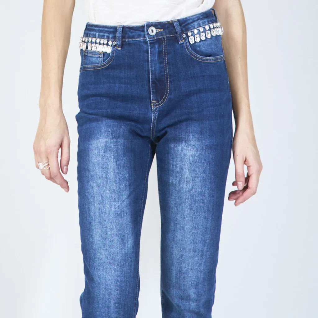 Embellished cropped jeans with crystal accents wholesale
