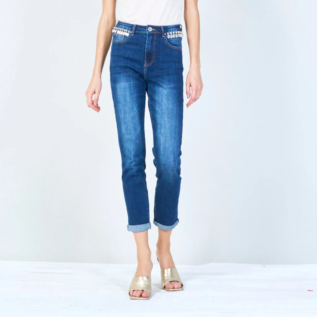 Embellished cropped jeans with crystal accents wholesale