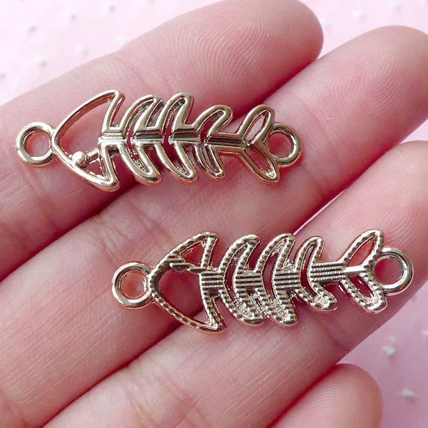 Gold Fish Bone Charms Fish Skeleton Charm (4pcs / 11m x 31mm / Rose Gold) Cute Cat Marine Life Bracelet Earring Pendant Zipper Pull CHM1703