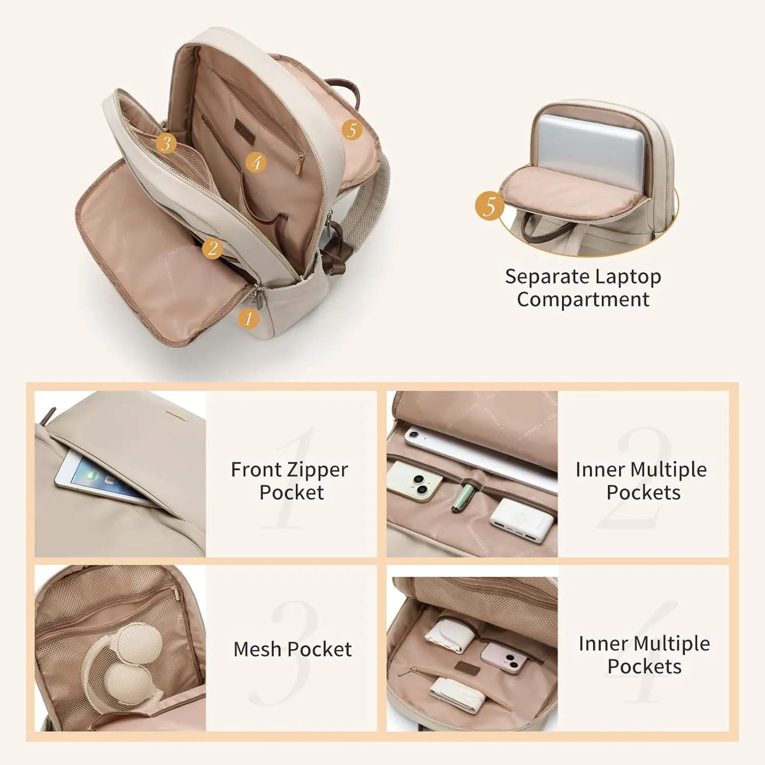 GOLF SUPAGS Women Laptop Backpack Casual Daypack for Work Travel College Backpack Purse Fits 14 Inch Notebook (Apricot)