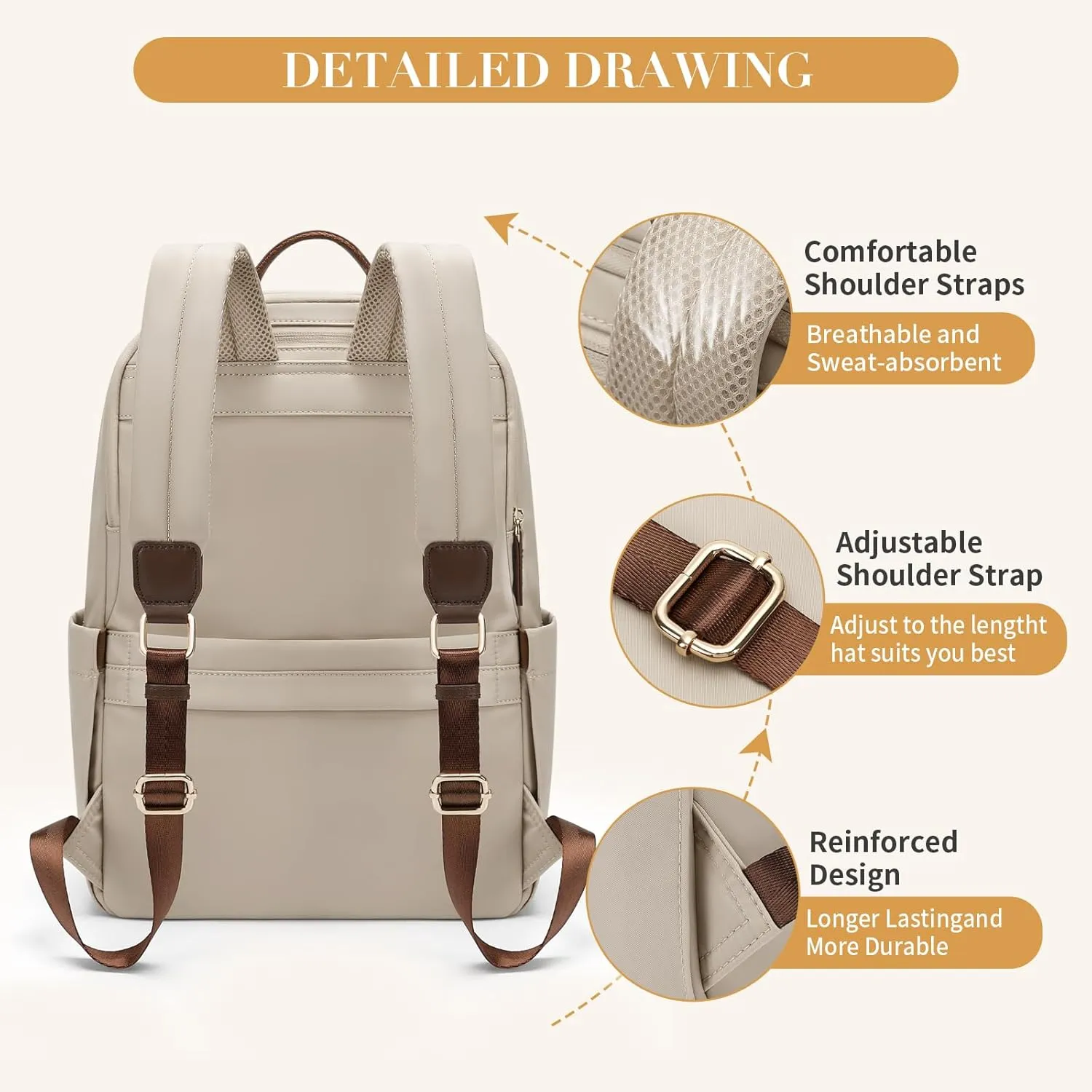 GOLF SUPAGS Women Laptop Backpack Casual Daypack for Work Travel College Backpack Purse Fits 14 Inch Notebook (Apricot)