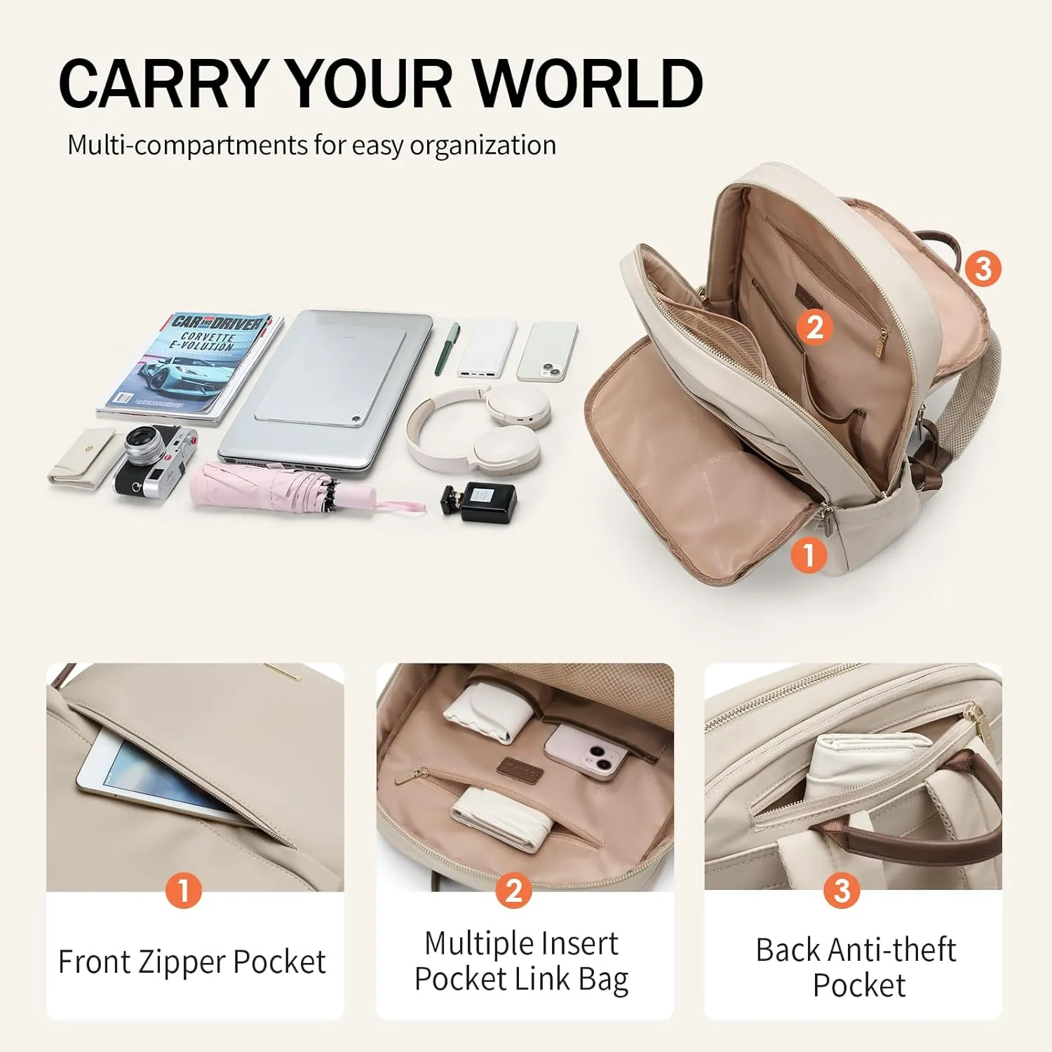 GOLF SUPAGS Women Laptop Backpack Casual Daypack for Work Travel College Backpack Purse Separate Laptop Compartment Fits 15.6 Inch Notebook