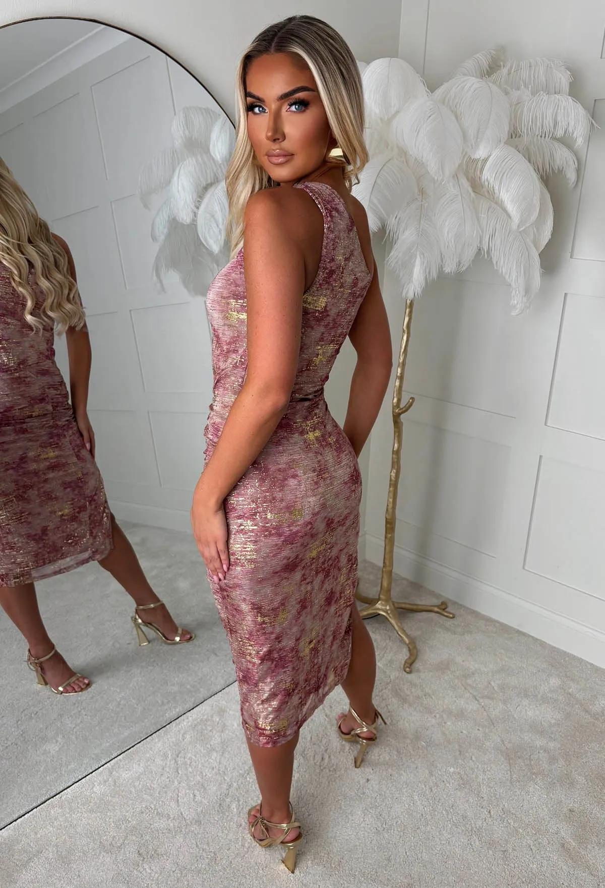 Kally Pink Foil Print One Shoulder Dress