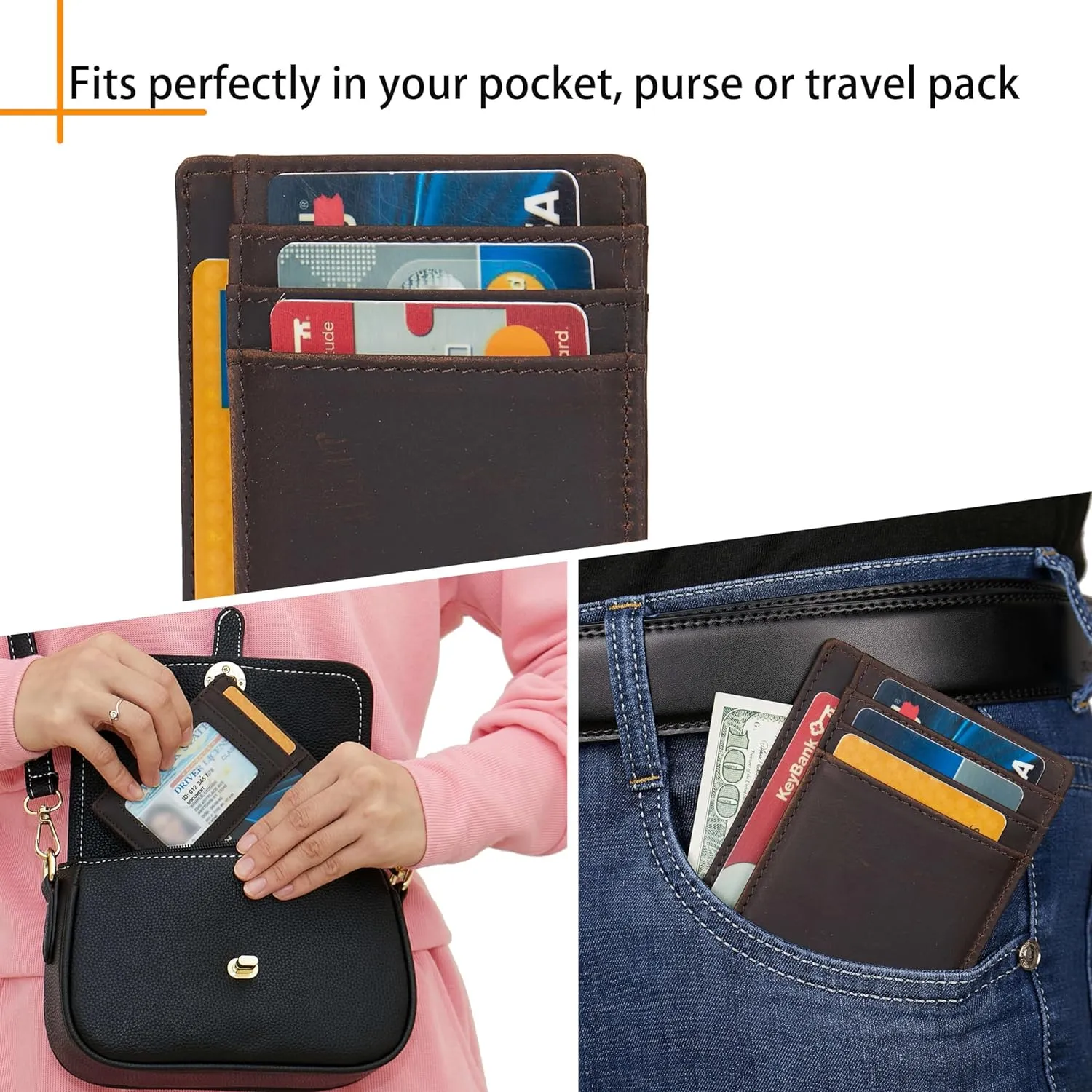LinsCraft Slim Minimalist Wallet, Small Leather Front Pocket Wallets, RFID Blocking, Credit Card Holder for Men Women
