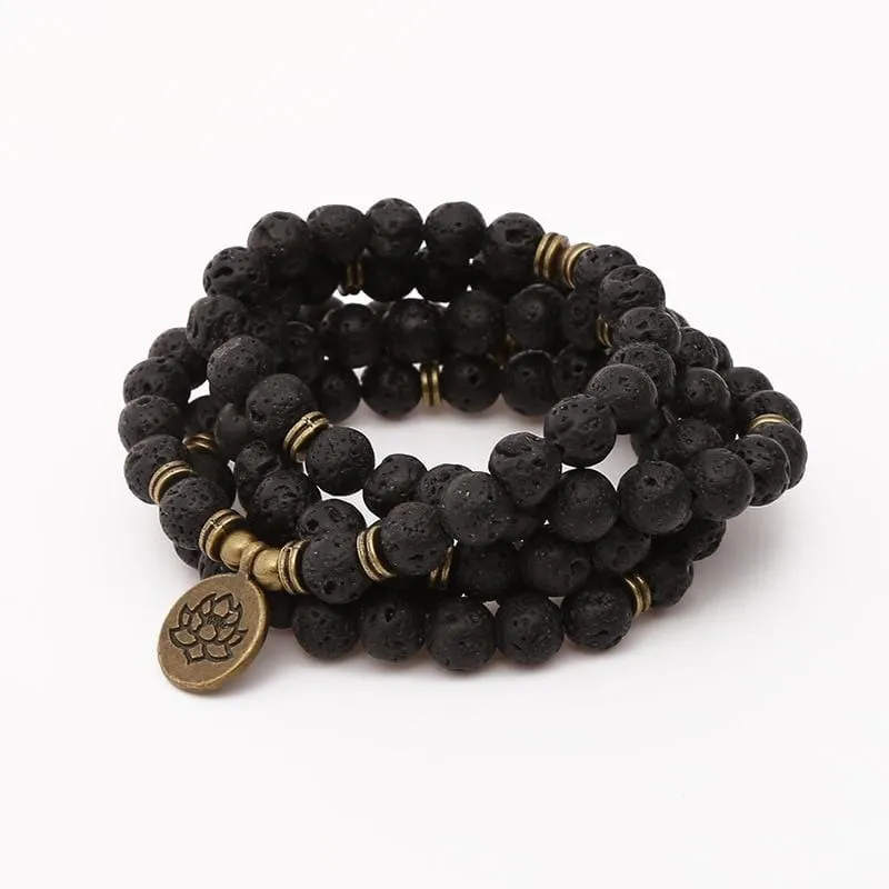 Lotus Charm Lava Rock 108 Mala Beads Bracelet