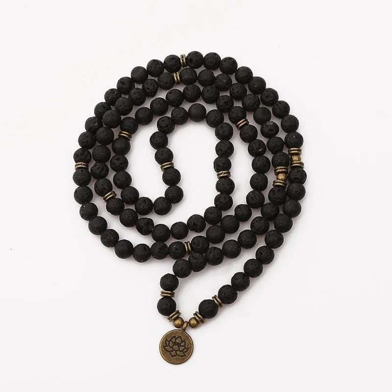 Lotus Charm Lava Rock 108 Mala Beads Bracelet