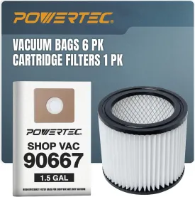 POWERTEC 90667 Shop Vacuum Bags 6PK & 90398 Cartridge Filter 1PK, for Shop Vac 9066700 Type A 1-1.5 Gallon Filter Bag/Type AA Filter, fits Most 4 Gallon and Less Wet/Dry Vacuum Cleaners (75110)