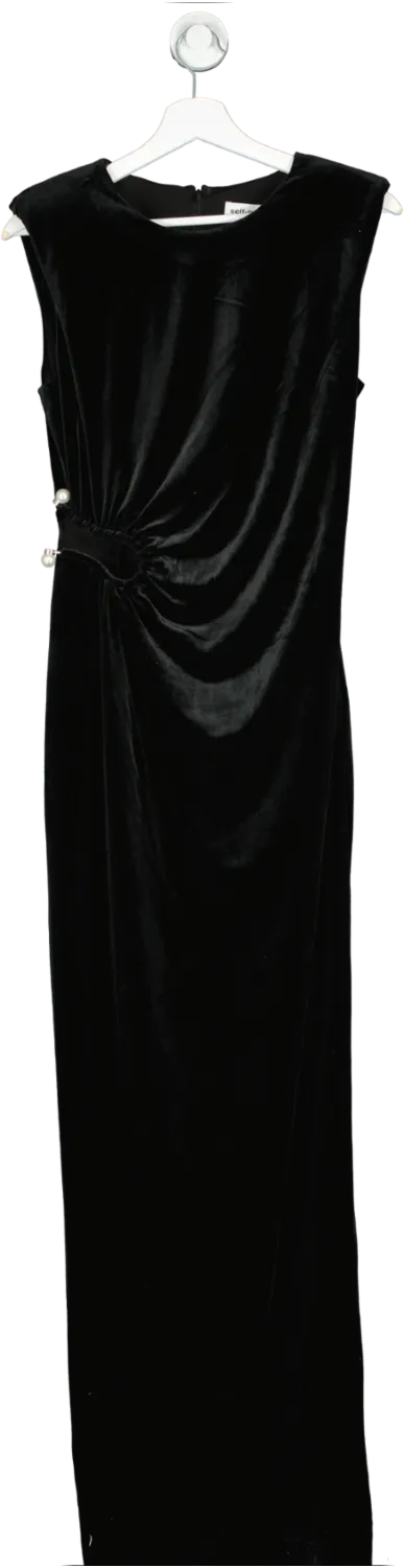 Self-Portrait Black Cutout Gathered Faux Pearl-embellished Velvet Gown UK 12