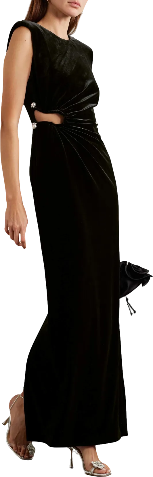 Self-Portrait Black Cutout Gathered Faux Pearl-embellished Velvet Gown UK 12