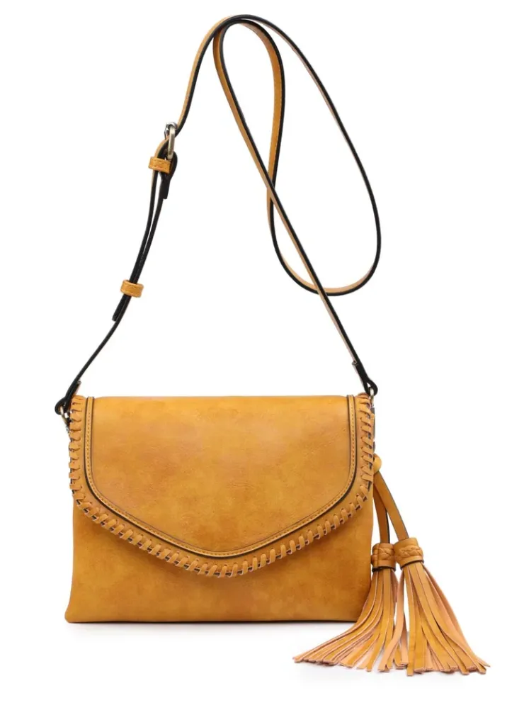 Sloane Flapover Crossbody w/ Whipstitch and Tassel