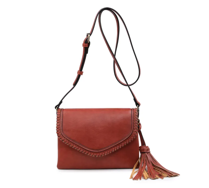 Sloane Flapover Crossbody w/ Whipstitch and Tassel