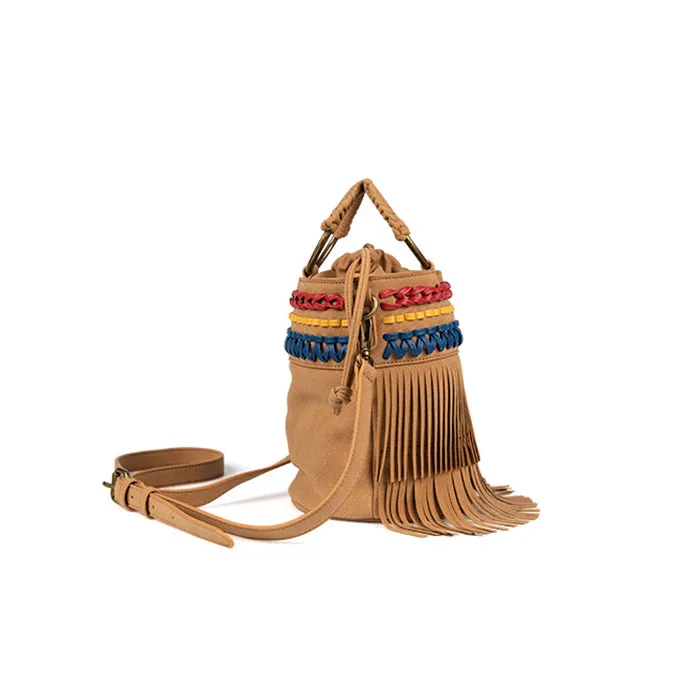 Small Vegan Leather Suede Bucket Bag Fringe Crossbody Boho Bag For Women
