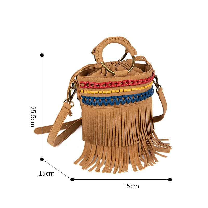 Small Vegan Leather Suede Bucket Bag Fringe Crossbody Boho Bag For Women